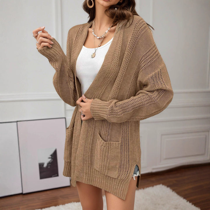 Damen lässiger Strickcardigan mit offenen Maschen und praktischen Taschen Drune