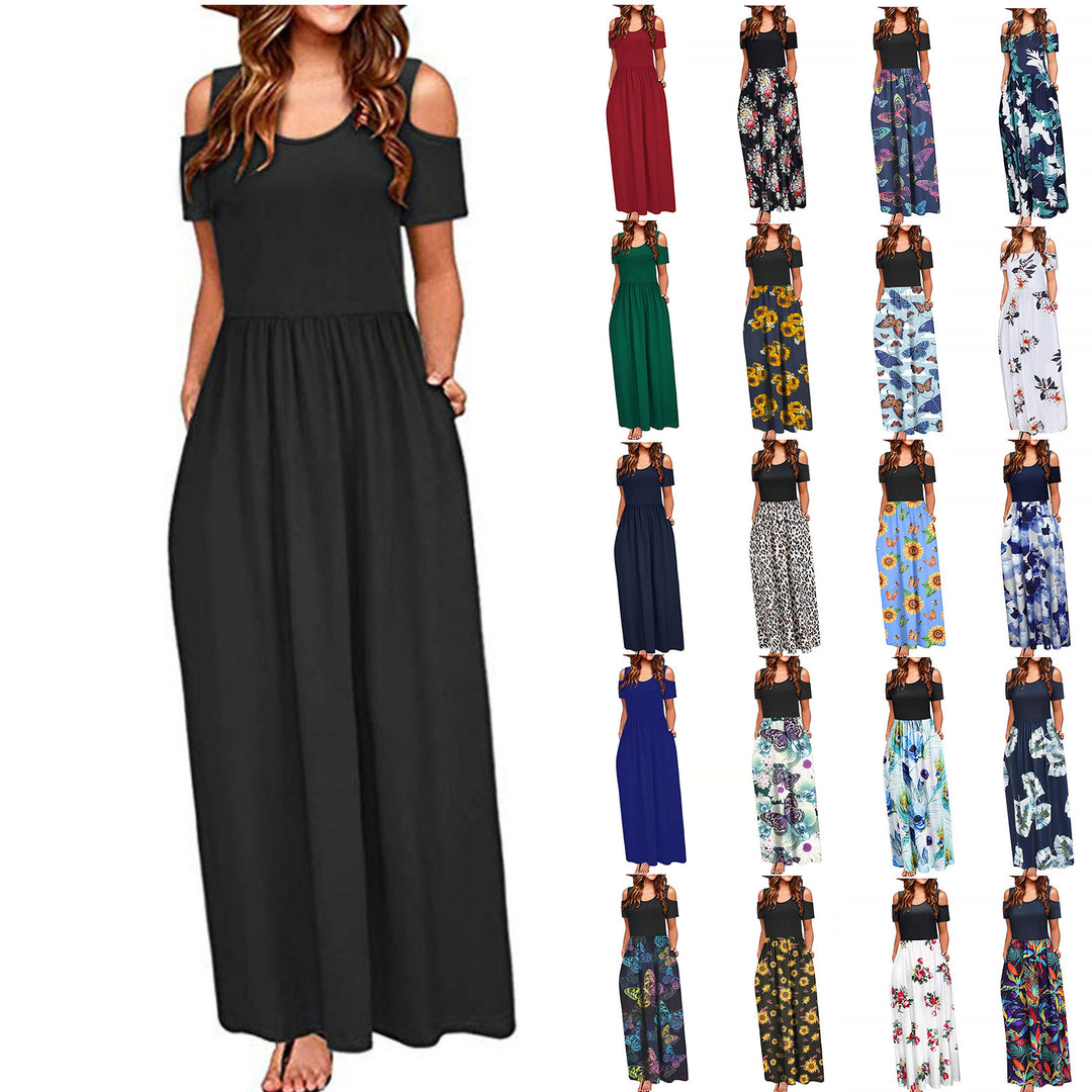 Damen Maxikleid mit schulterfreier Optik und buntem Blattmuster Drune