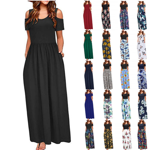 Damen Maxikleid mit schulterfreier Optik und buntem Blattmuster Drune