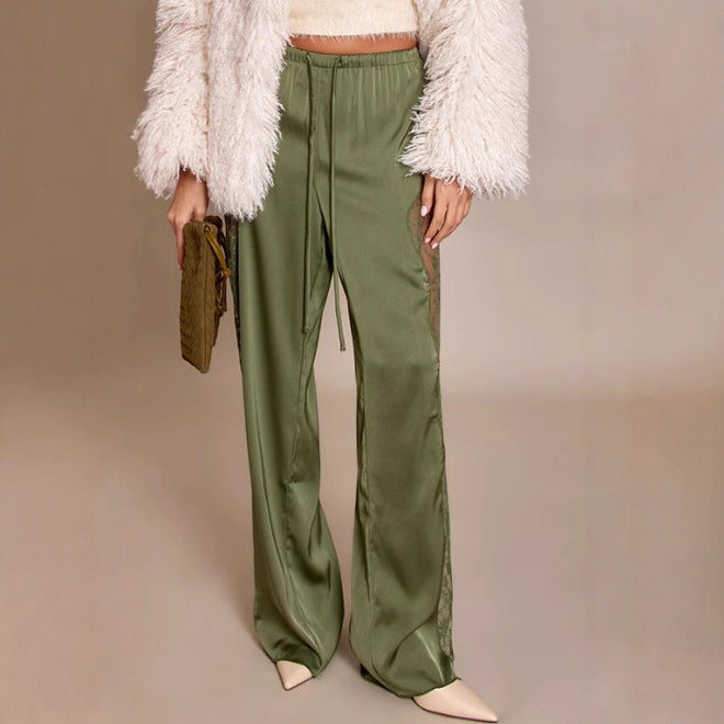 Damen elegante Satin-Hose mit Spitzeneinsätzen und seitlichem Schnitt Drune