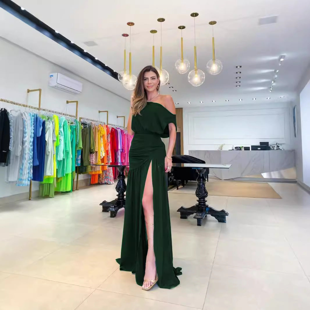 Damen Asymmetrisches Maxikleid mit Schlitz und Schulterfreiem Design Drune