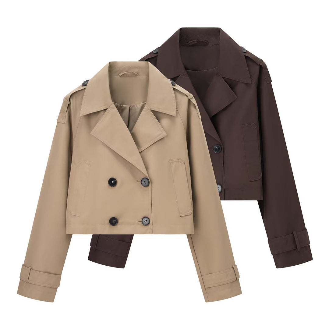 Damen nan kurz geschnittener Trenchcoat mit doppelter Knopfleiste und Schulterklappen Drune
