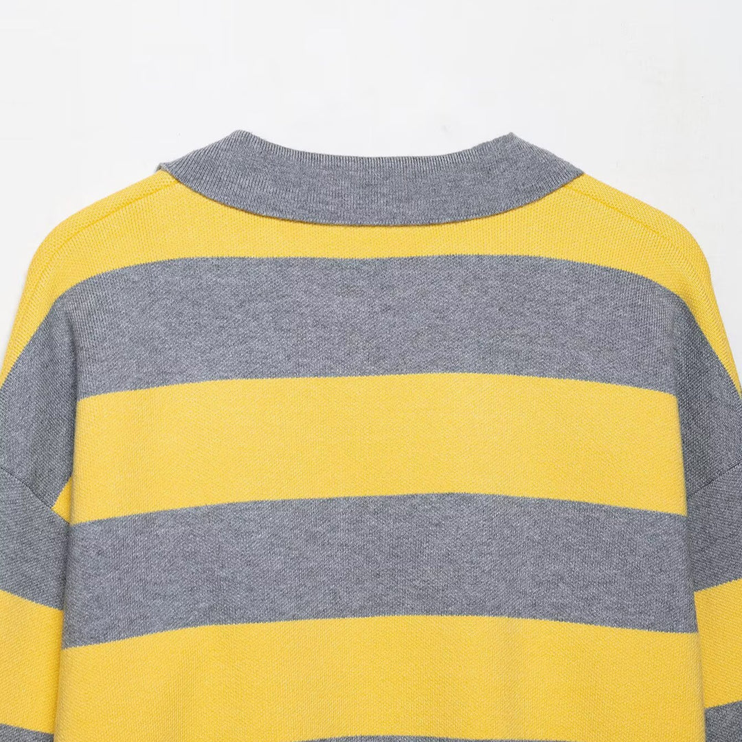 Damen modischer Poloshirt-Pullover mit breiten Streifen und kurzen Ärmeln Drune