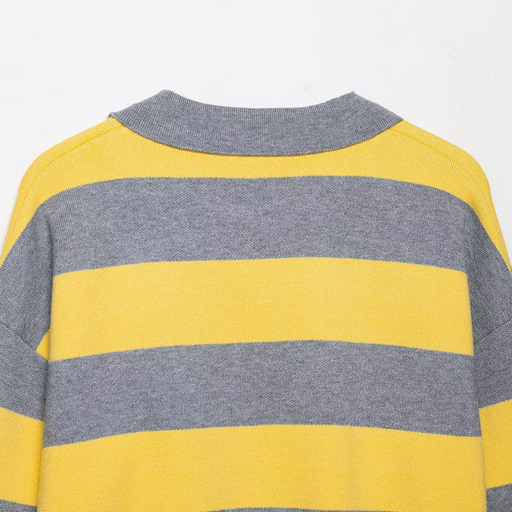 Damen modischer Poloshirt-Pullover mit breiten Streifen und kurzen Ärmeln Drune