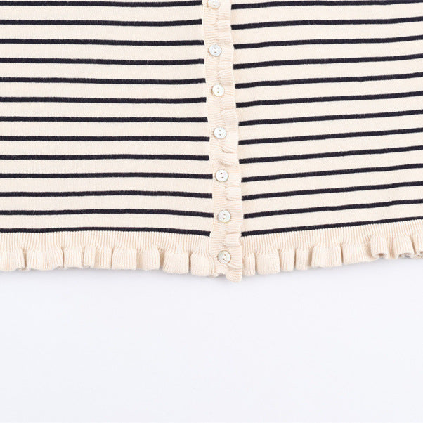 Damen modische gestreifte Strickjacke mit Rüschensaum und Knopfdetails Drune