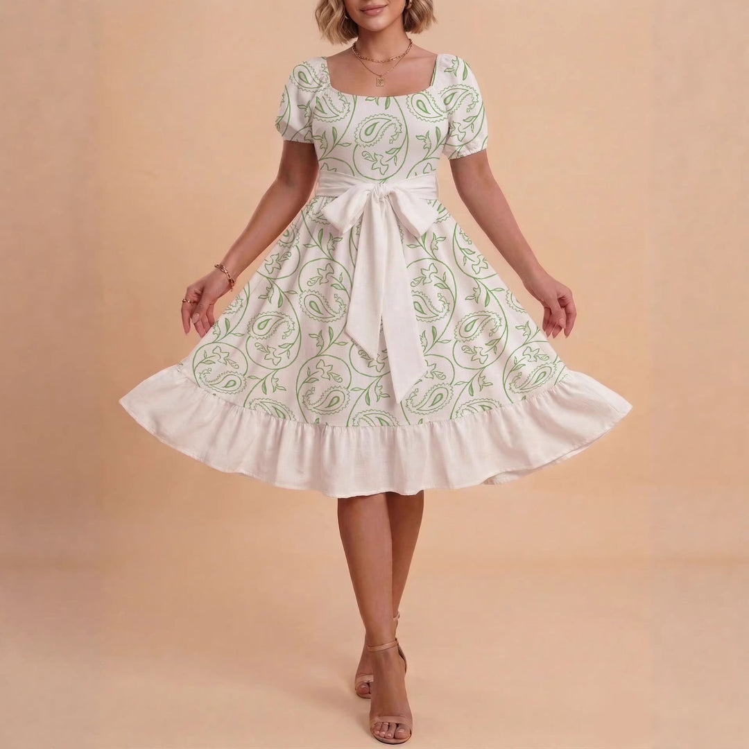 Damen Retro Maxikleid mit Puffärmeln und Taillengürtel Drune