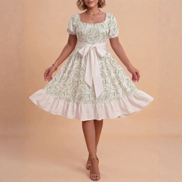 Damen Retro Maxikleid mit Puffärmeln und Taillengürtel Drune