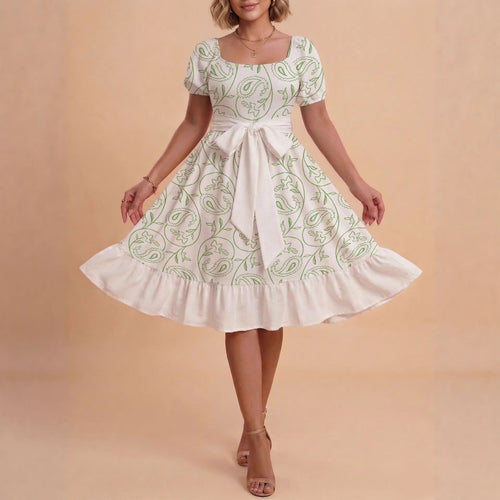 Damen Retro Maxikleid mit Puffärmeln und Taillengürtel Drune
