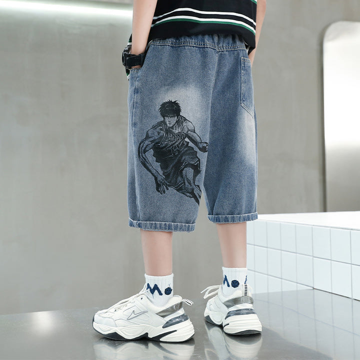 Jungen lässige Denim-Shorts mit kreativem Comic-Print Drune