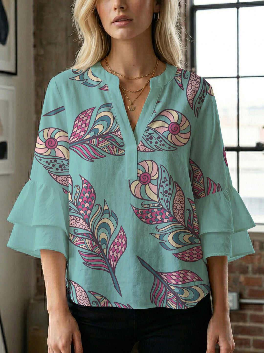 Damen Bluse mit voluminösen Rüschenärmeln und kreativem Floraldesign Drune