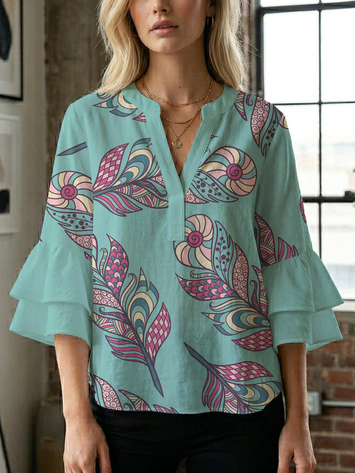 Damen Bluse mit voluminösen Rüschenärmeln und kreativem Floraldesign Drune