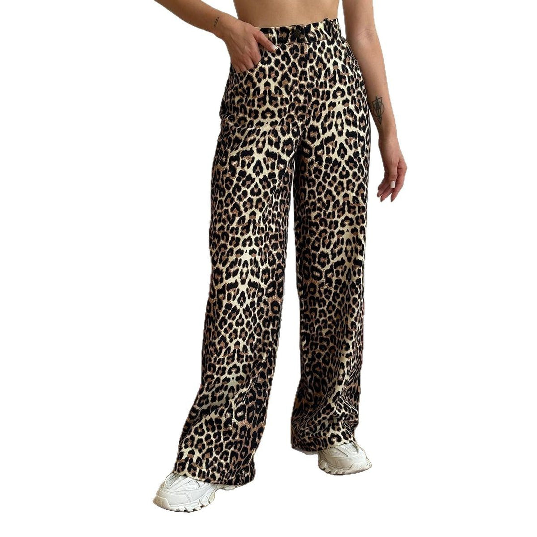 Damen weit geschnittene Leopard-Denimhose mit elastischem Bund Drune