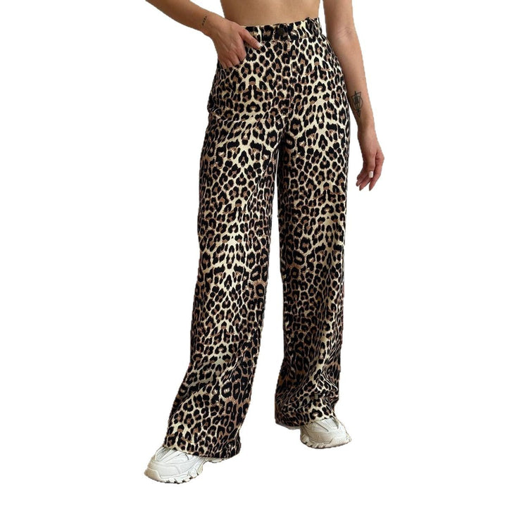 Damen weit geschnittene Leopard-Denimhose mit elastischem Bund Drune