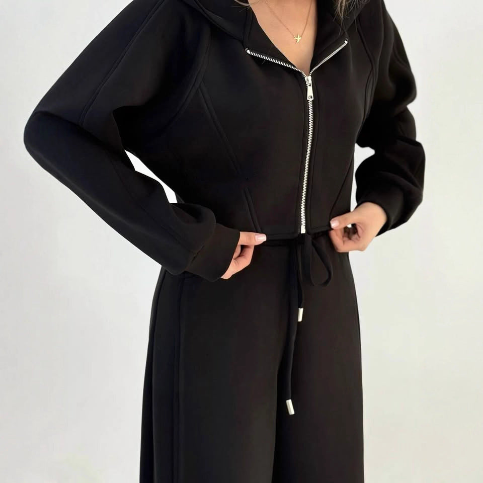 Damen nan weite Highwaist-Loungehose mit Tunnelzug, Eingrifftaschen und Ziernähten Drune