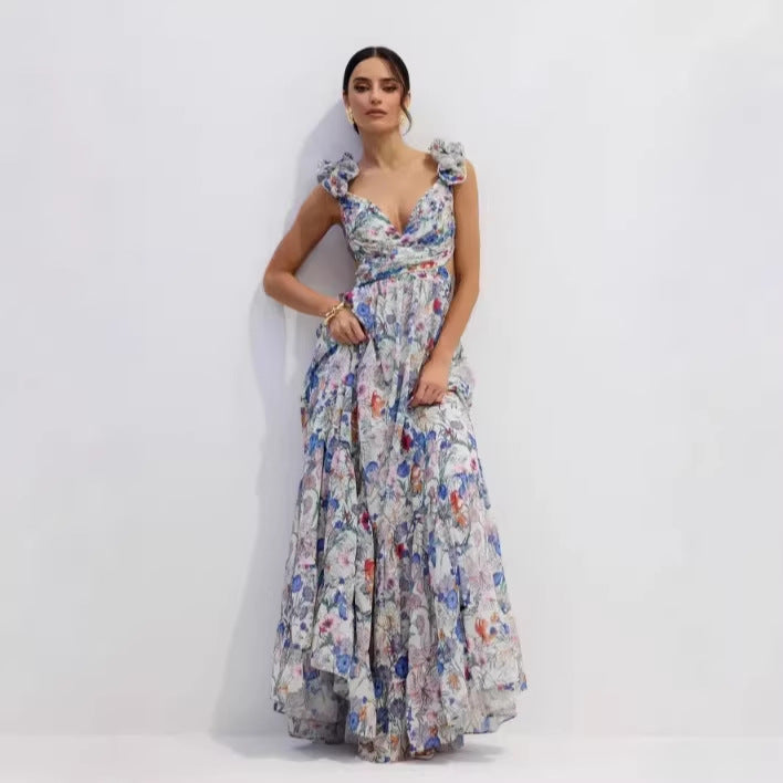 Damen Maxikleid im romantischen Vintage-Stil mit fließendem Rock und Rüschendetails Drune