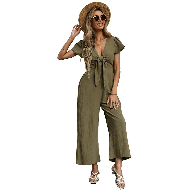 Damen eleganter Jumpsuit mit hochgeschlossenem Dekolleté und Knoten-Detail Drune