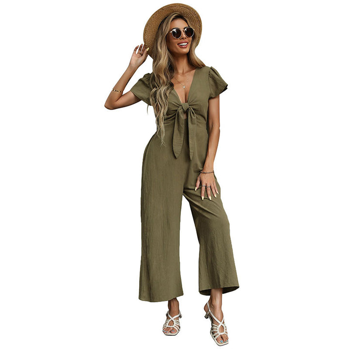 Damen eleganter Jumpsuit mit hochgeschlossenem Dekolleté und Knoten-Detail Drune