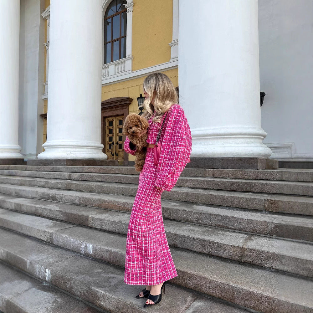 Damen Maxikleid mit innovativem Karo-Design und Volantärmel Drune