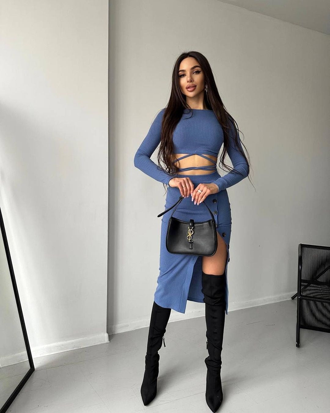 Damen cropped Oberteil und lange hochtaillierte Rockkombination Drune