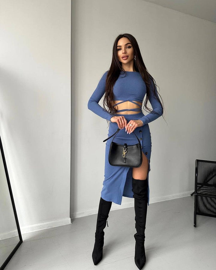Damen cropped Oberteil und lange hochtaillierte Rockkombination Drune
