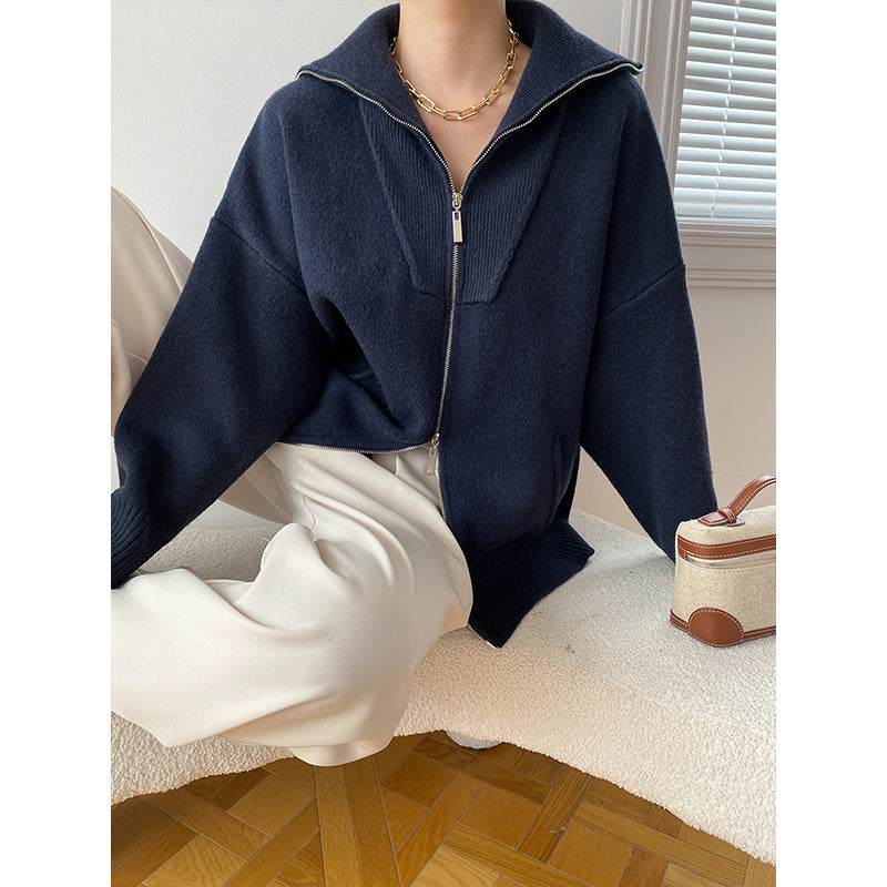 Damen lässige Zip-Up Strickjacke mit hohem Kragen und seitlichen Taschen Drune