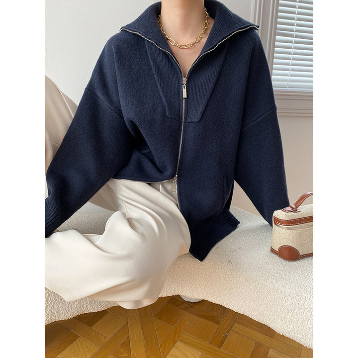 Damen lässige Zip-Up Strickjacke mit hohem Kragen und seitlichen Taschen Drune