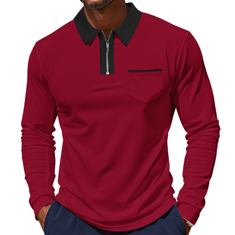 Herren nan langärmeliges Zip-Poloshirt mit Brusttasche und Kontrastkragen Drune