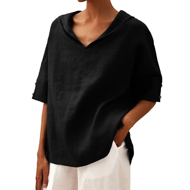 Damen lässige Leinenbluse mit Kapuze und kurzen Ärmeln Drune