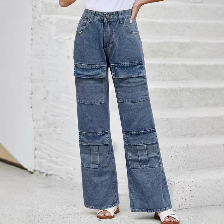 Damen nan High‑Waist Utility-Denimhose mit aufgesetzten Knie-Patches, Cargo‑Taschen und weitem Schlag Drune