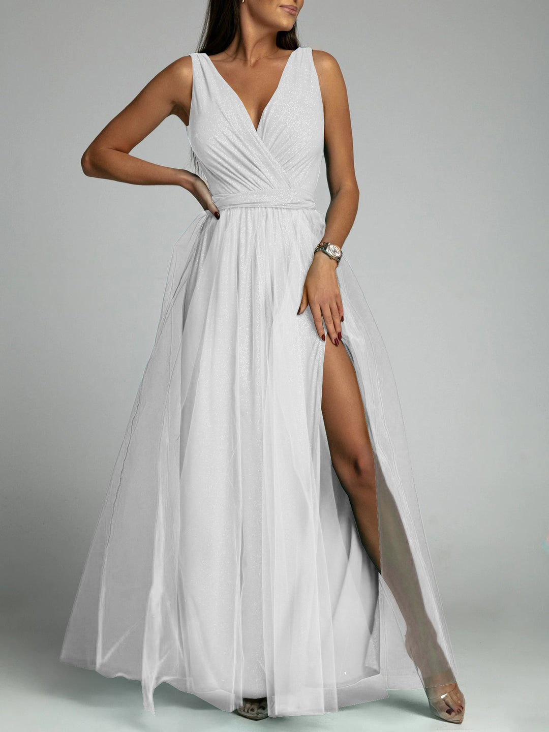 Damen Maxiabendkleid mit verführerischem Schlitz und funkelndem Obermaterial Drune