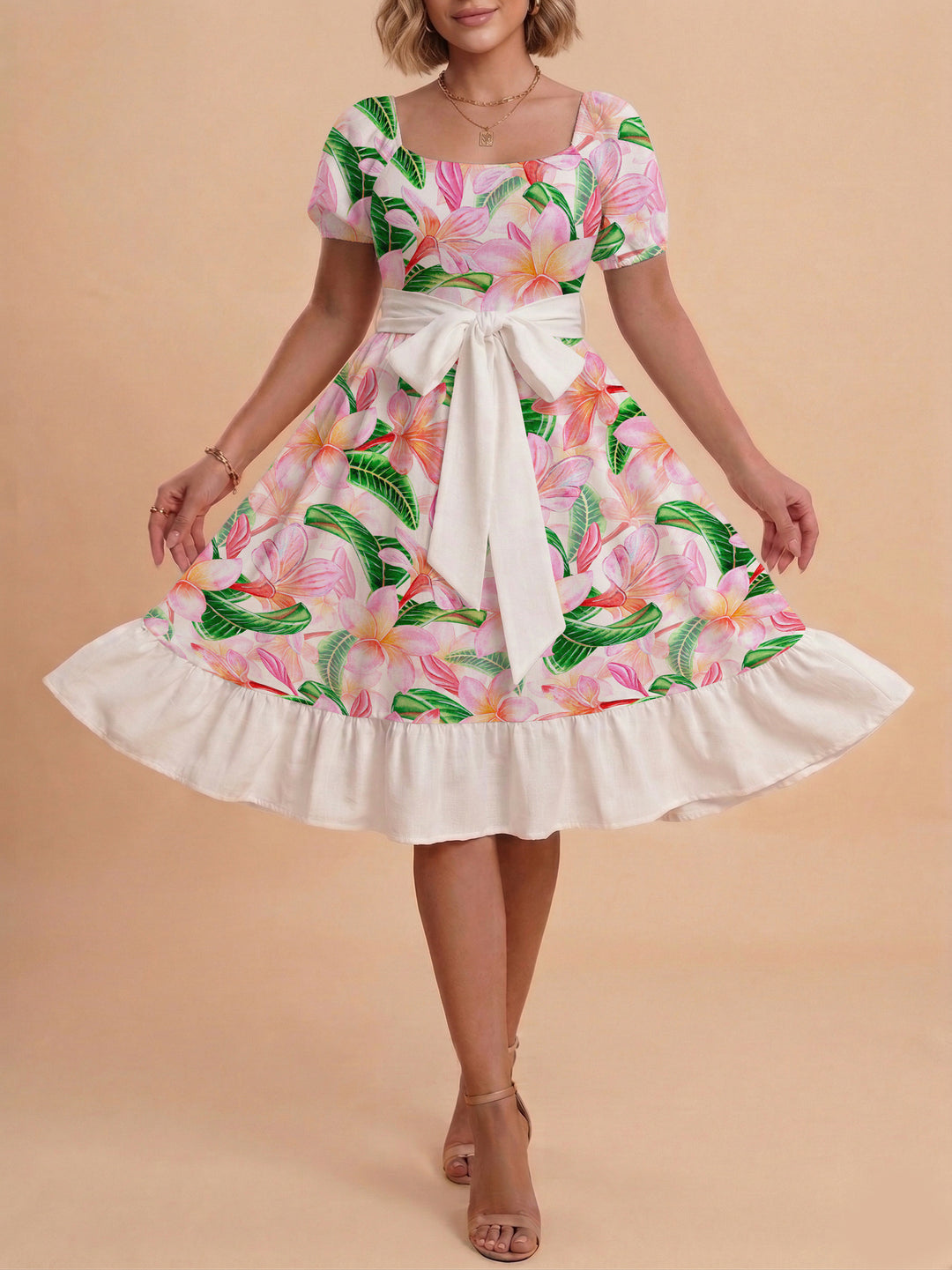 Damen Sommerkleid mit floralem Puffärmel und taillierbarem Gürtel Drune