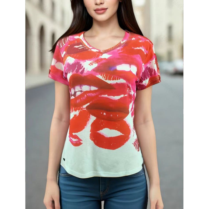 Damen T-Shirt mit kreativem Lippenmotiv und lässigem Schnitt Drune