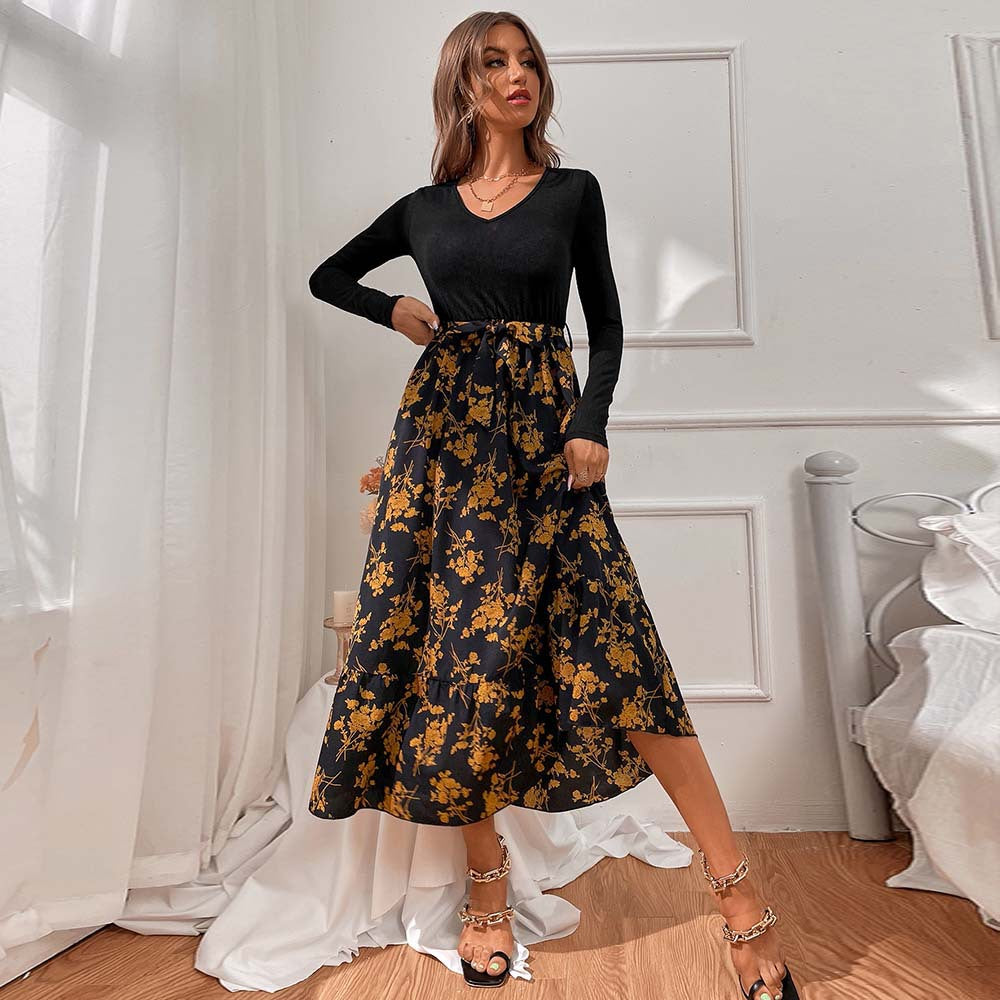 Damen Maxikleid mit tiefem V-Ausschnitt und floralem Rock Drune