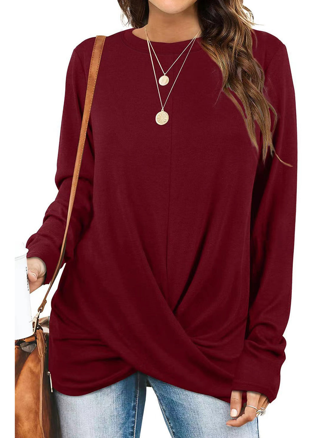 Damen lässiges Longsleeve Oberteil mit Wickeloptik und Rundhalsausschnitt Drune