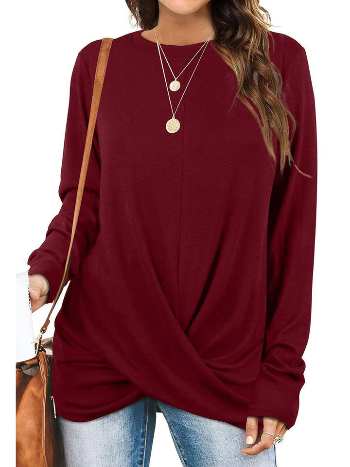 Damen lässiges Longsleeve Oberteil mit Wickeloptik und Rundhalsausschnitt Drune