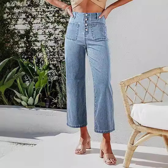 Damen Hochgeschnittene Denim-Hose mit Knopfverschluss und weitem Bein Drune