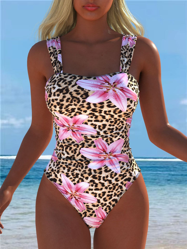 Damen einteiliger Badeanzug mit floraler und tierischer Musterkombination Drune