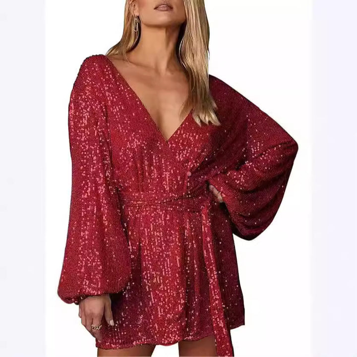 Damen Glitzerndes Minikleid mit tiefem Ausschnitt und weitem Ärmel Drune
