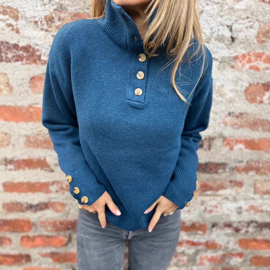 Damen kuscheliger Pullover mit hohem Kragen und dekorativen Knopfdetails Drune