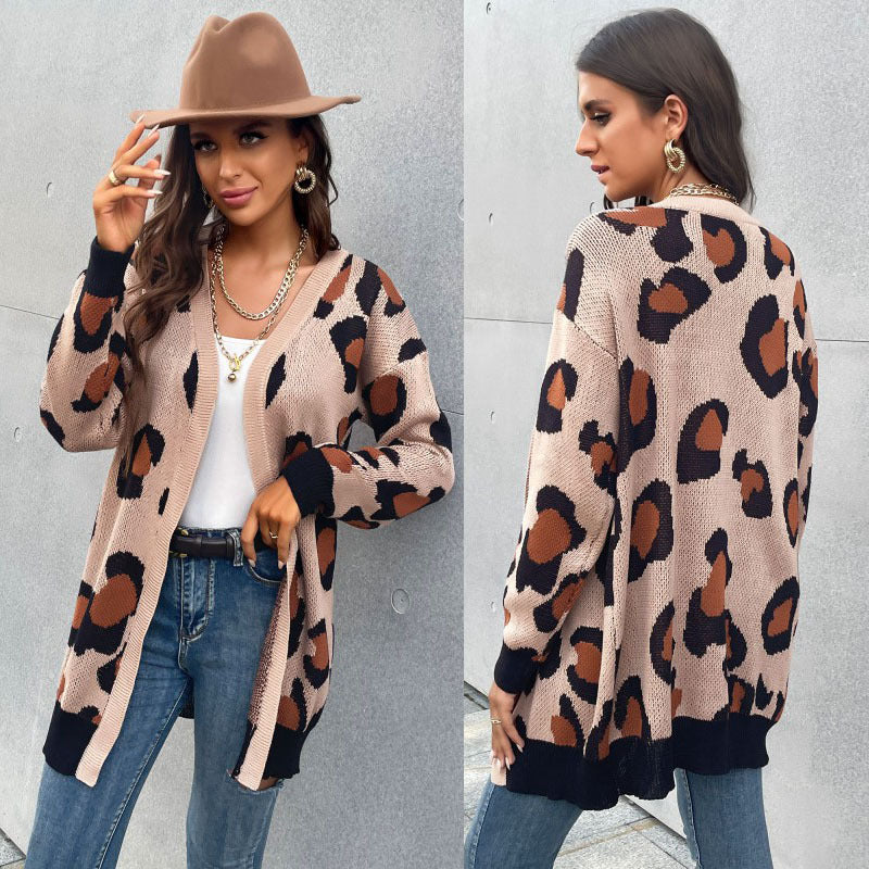 Damen lässiger Cardigan mit modernem Leo-Muster und offenem Schnitt Drune