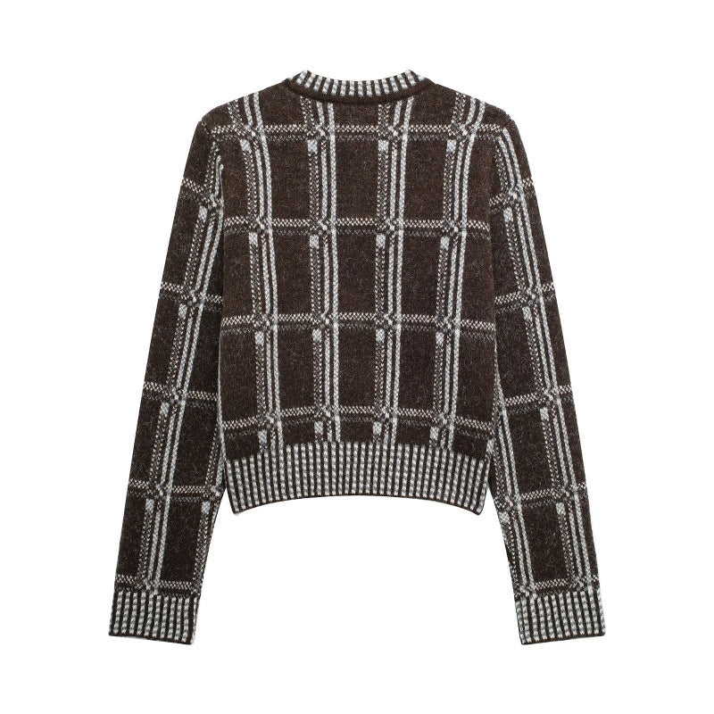 Damen Strickjacke mit modernem Karomuster und Knopfverschluss Drune