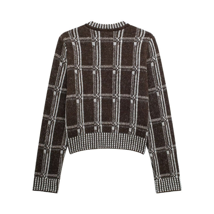 Damen Strickjacke mit modernem Karomuster und Knopfverschluss Drune