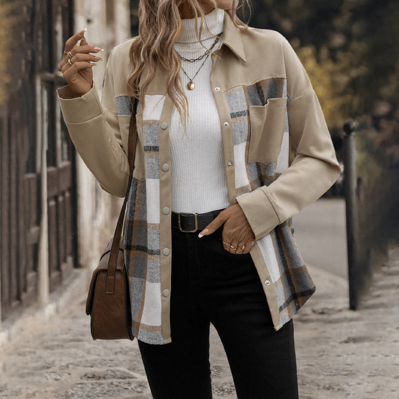 Damen karierte oversized Hemdjacke mit praktischen Taschen und dekorativen Druckknöpfen Drune