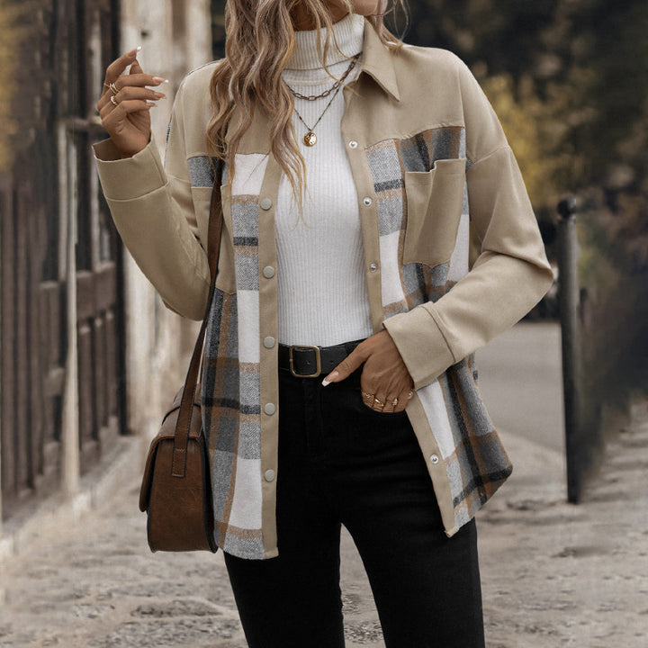 Damen karierte oversized Hemdjacke mit praktischen Taschen und dekorativen Druckknöpfen Drune