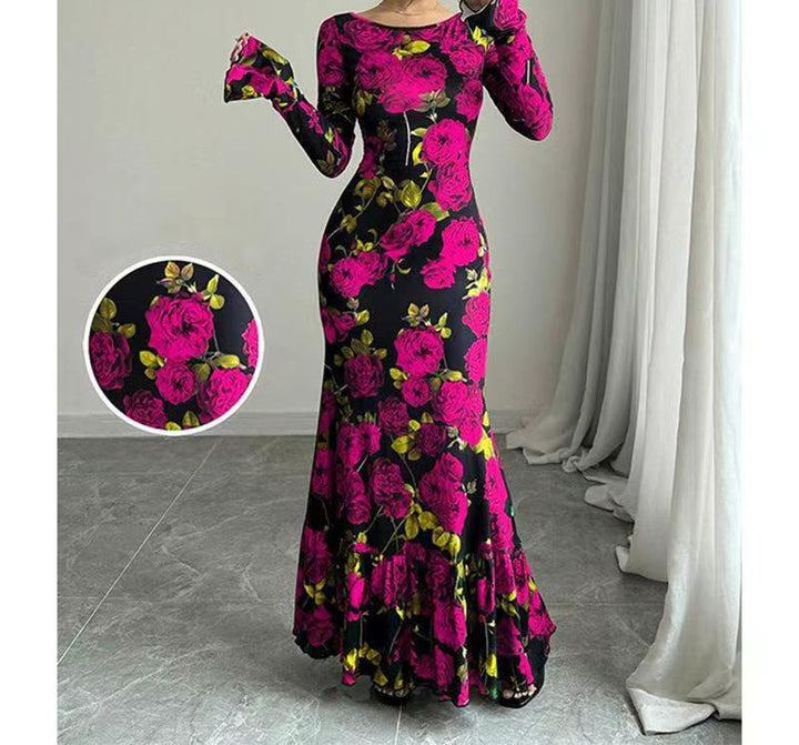 Damen nan eng anliegendes Maxikleid mit Meerjungfrauen-Schnitt, langen Glockenärmeln und Rüschensaum Drune