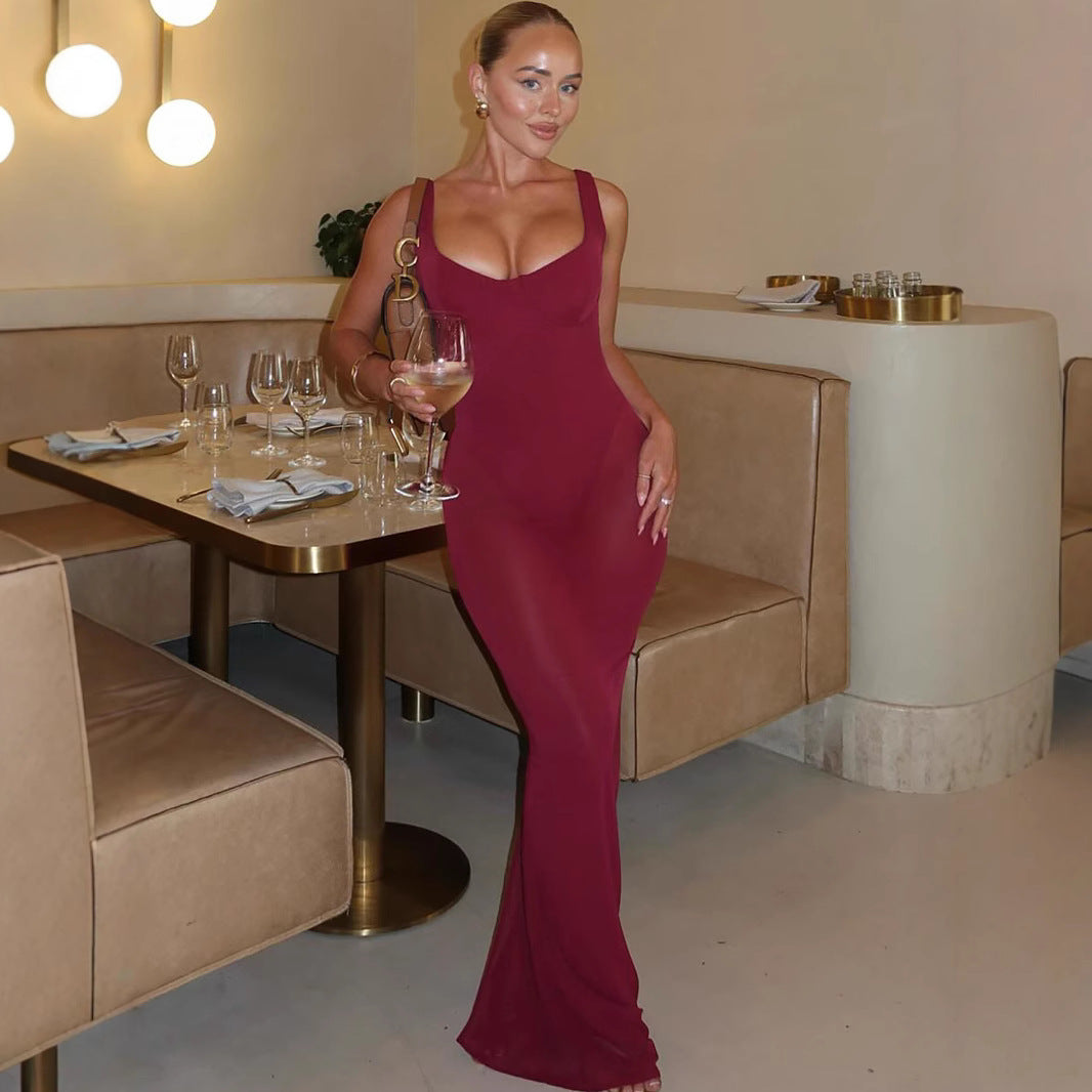 Damen Figurumspielendes Maxikleid mit tiefem Ausschnitt und elegantem Stretchmaterial Drune