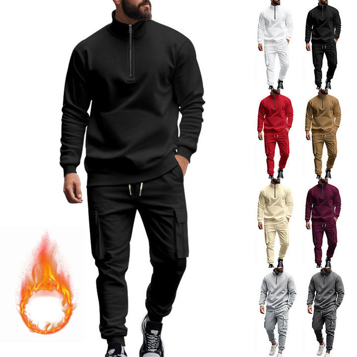 Herren nan Strick-Trainingsset mit halbem Reißverschluss, Zopfmuster-Pulli und Kordelzug-Jogger Drune