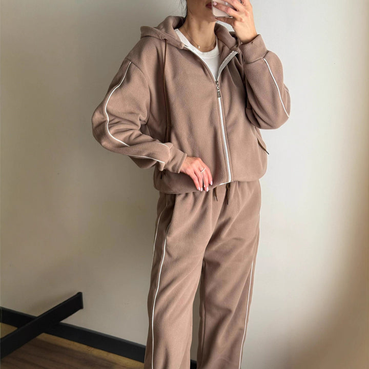 Damen modischer Fleece-Jogginganzug mit Reißverschluss und seitlichen Streifen Drune