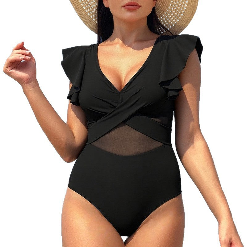 Damen Eleganter Einteiler Badeanzug mit asymmetrischem Rüschendesign Drune