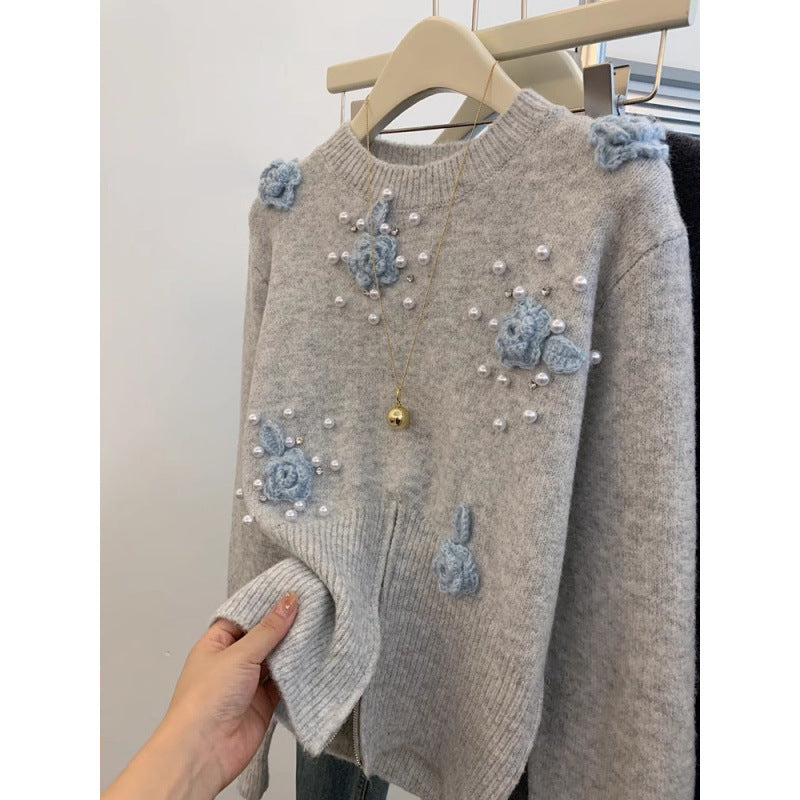Damen Pullover mit strukturiertem Blumendesign und Perlenverzierungen Drune